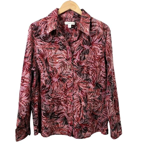 Coldwater Creek Shirt Blouse L Red Sheer Burnout Career Fall Autumn Classic - Picture 1 of 8